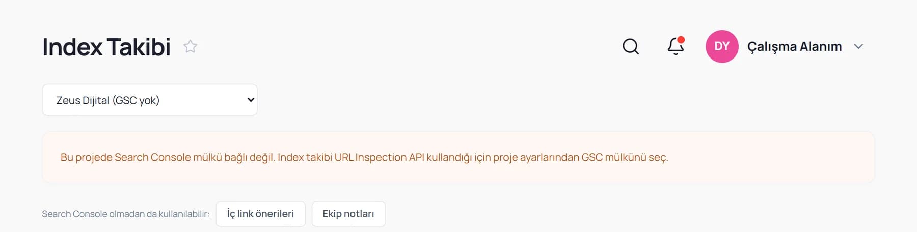 Index Takibi ekranı: proje seçici, Search Console bağlantı durumu, iç link önerileri ve ekip notları düğmeleri