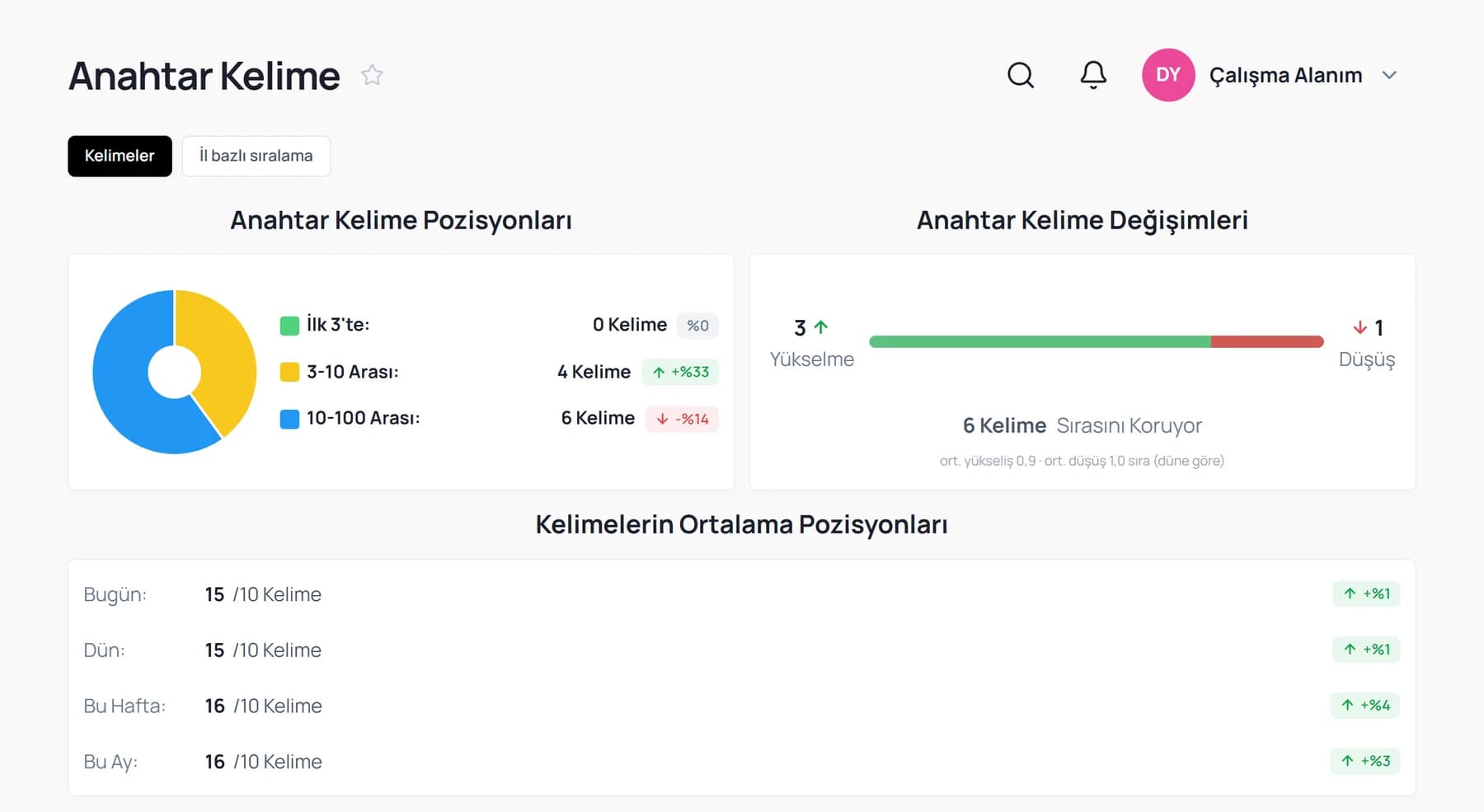 Anahtar Kelime ekranının üst bölümü: sıra dağılımı grafiği, yükselen ve düşen kelime sayısı, ortalama pozisyon satırları