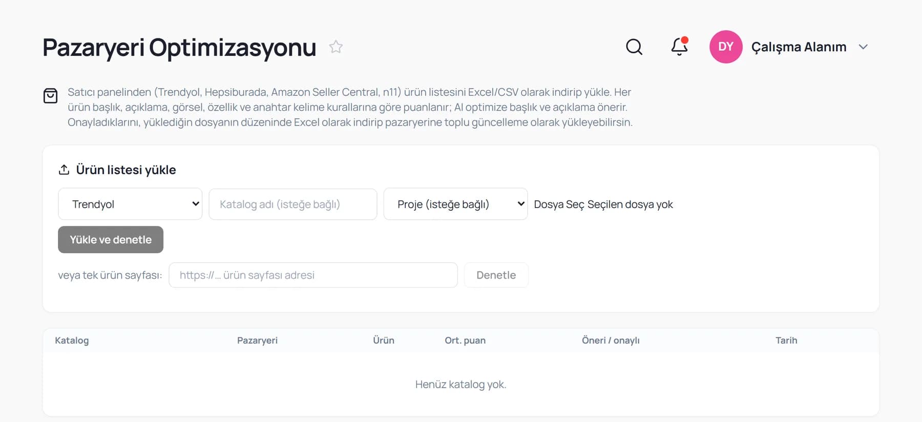 Pazaryeri Optimizasyonu ekranı: pazaryeri seçimi, katalog adı, dosya yükleme alanı, tek ürün sayfası denetimi ve katalog listesi