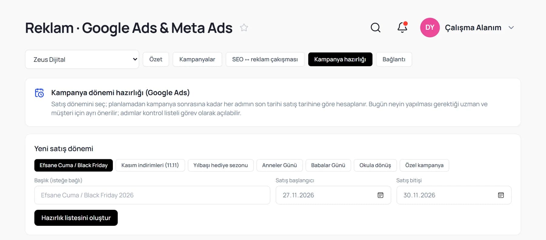 Reklam ekranı: özet, kampanyalar, SEO ve reklam çakışması, kampanya hazırlığı sekmeleri; açık sekmede satış dönemi hazırlık listesi
