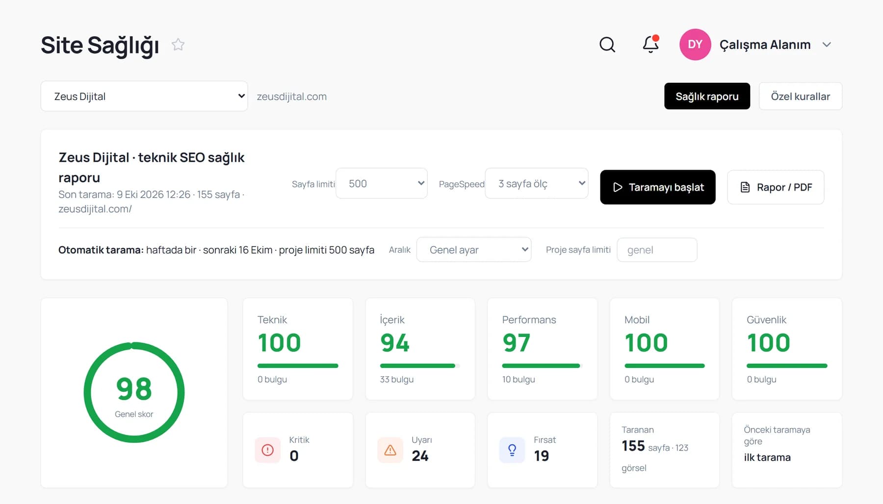 Site Sağlığı ekranı: genel skor halkası, beş kategori puanı, kritik, uyarı ve fırsat sayıları