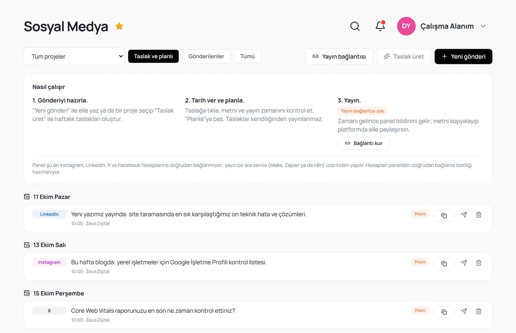 Sosyal Medya ekranı: nasıl çalışır kartı ve tarihe göre sıralı planlı gönderiler; her gönderide platform, metin, saat ve proje